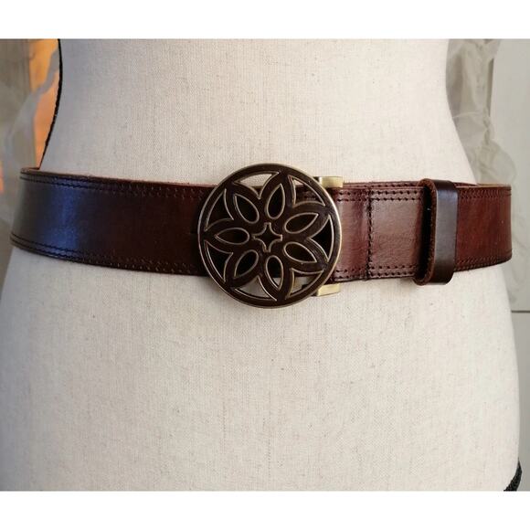 American Eagle Outfitters Leather Brown Size XL Big Metal Buckle Black Floral - Picture 2 of 10